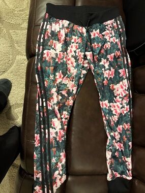 Adidas Floral Joggers with Black Waistband and Stripes